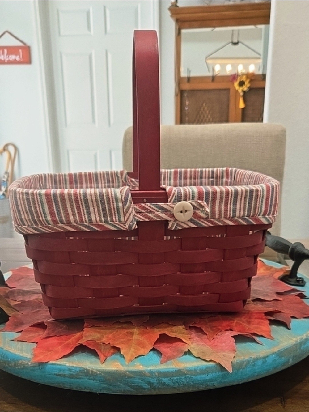 Longaberger Red Spring Basket with Striped Fabric Liner & protector